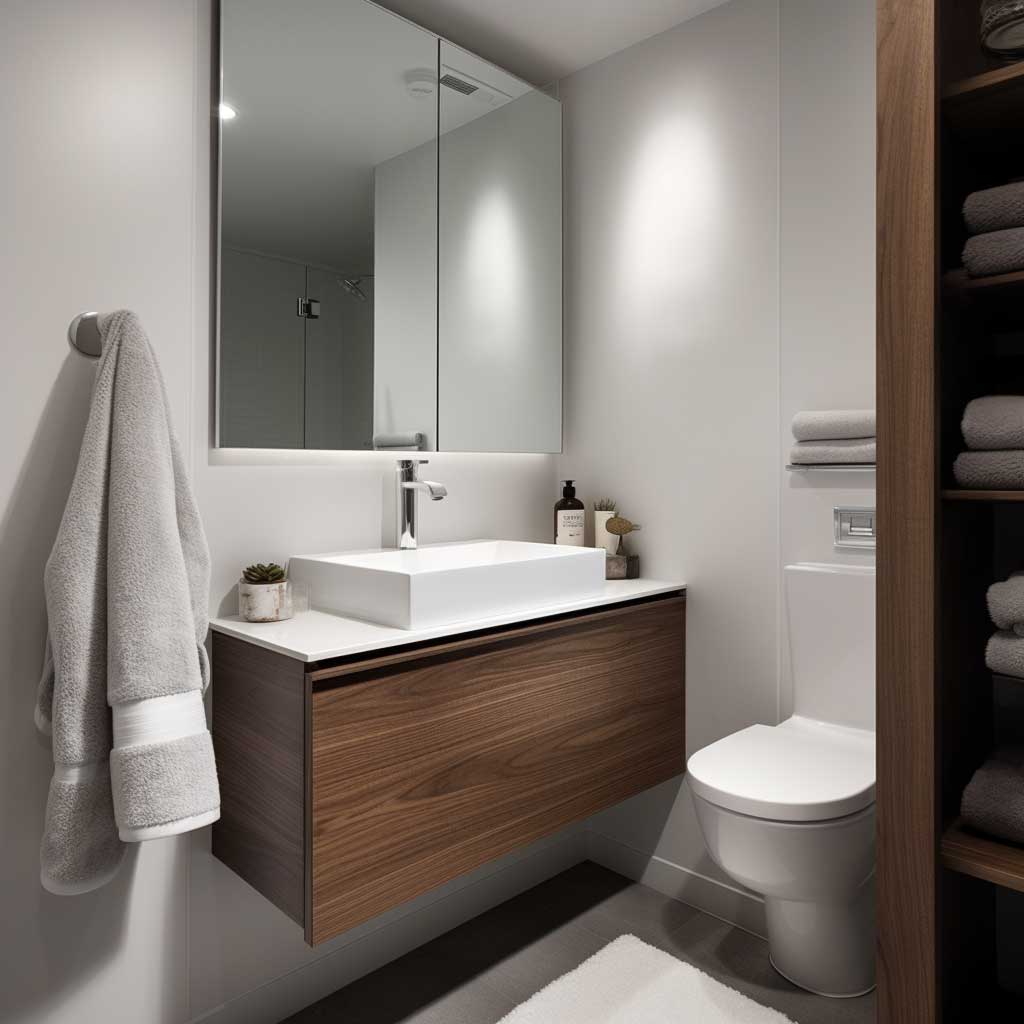 Space-saving dual-purpose vanity in a compact modern bathroom