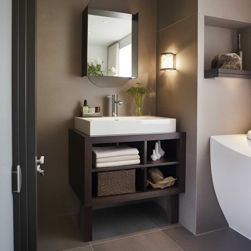 Space-saving dual-purpose vanity in a compact modern bathroom