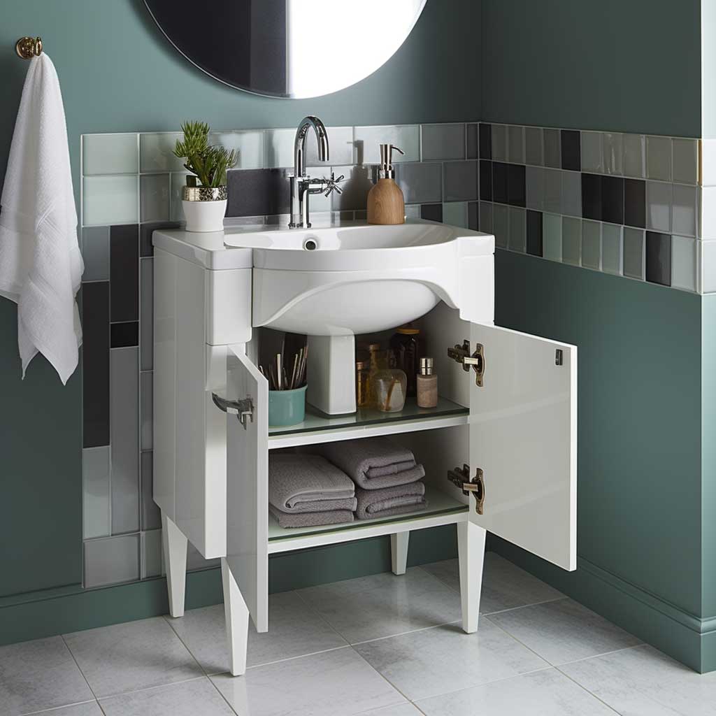 Space-saving dual-purpose vanity in a compact modern bathroom
