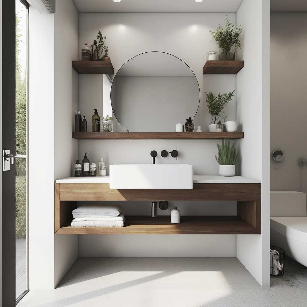 Minimalist floating vanity with open shelving in a compact bathroom