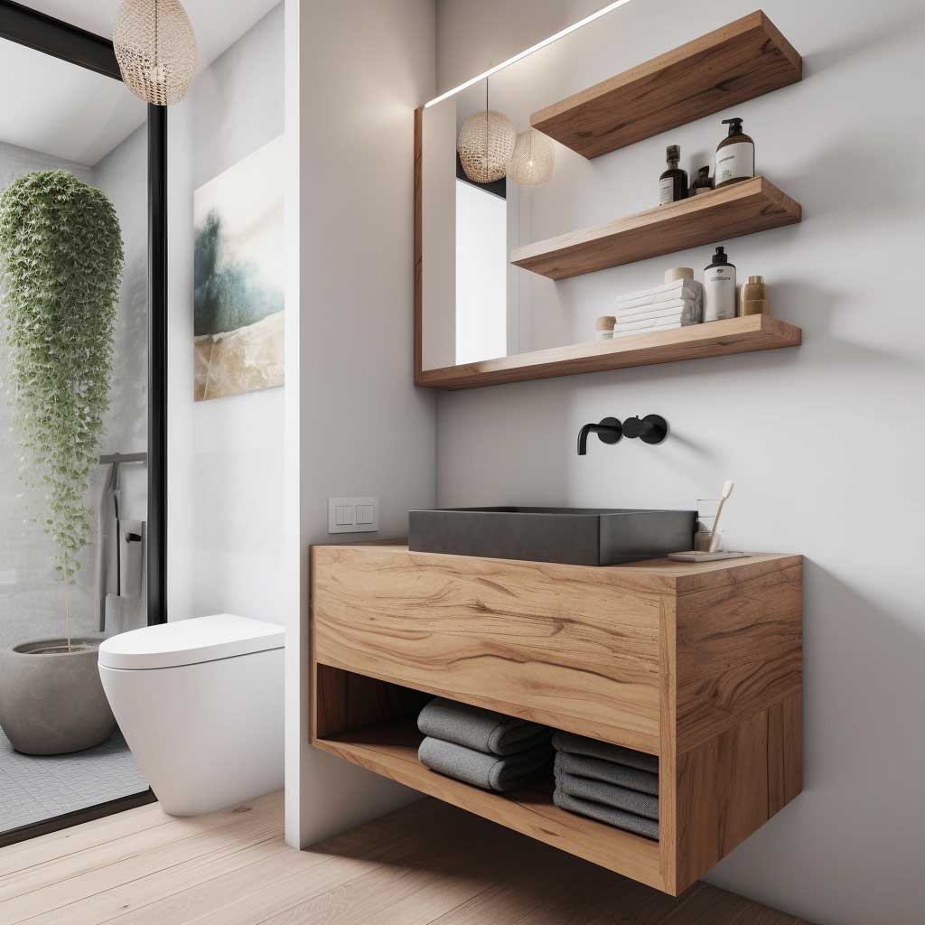 Minimalist floating vanity with open shelving in a compact bathroom