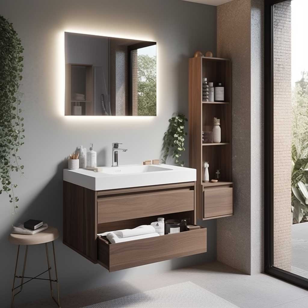 Sleek wall-mounted vanity in a compact modern bathroom