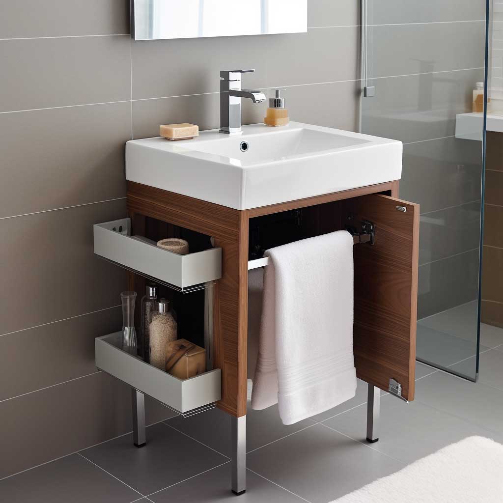 Space-saving dual-purpose vanity in a compact modern bathroom