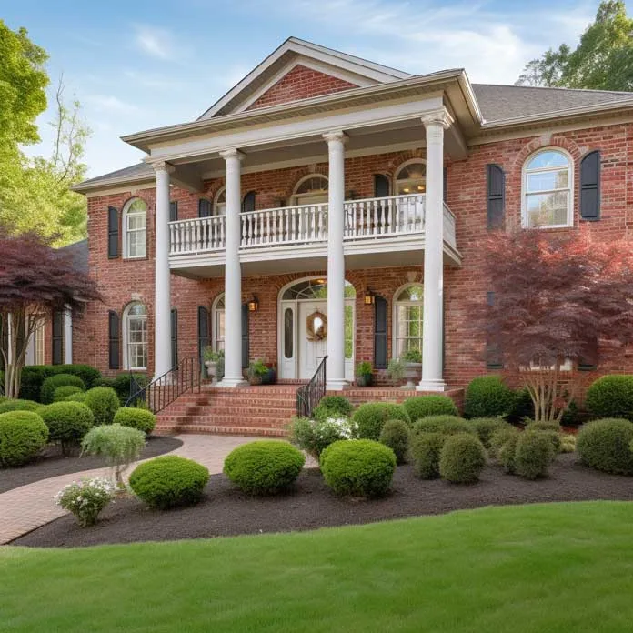 Stately brick home with impressive square columns for front porch and lush landscaping