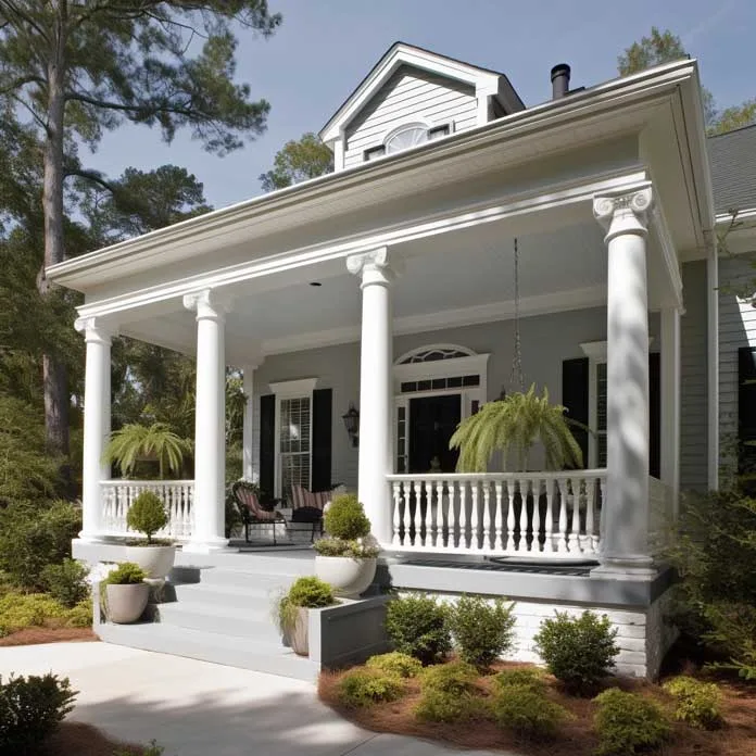 Traditional home with beautiful square columns for front porch and white railing