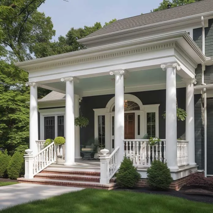 Traditional home with beautiful square columns for front porch and white railing