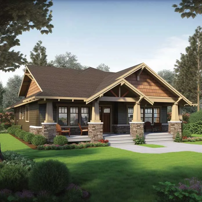 Craftsman-style home with tapered square columns for front porch and a cozy sitting area
