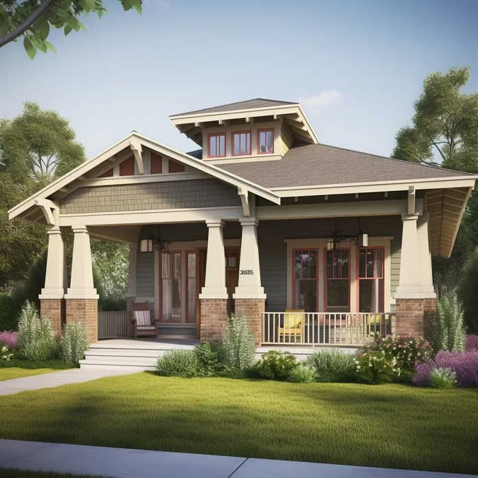 Craftsman-style home with tapered square columns for front porch and a cozy sitting area