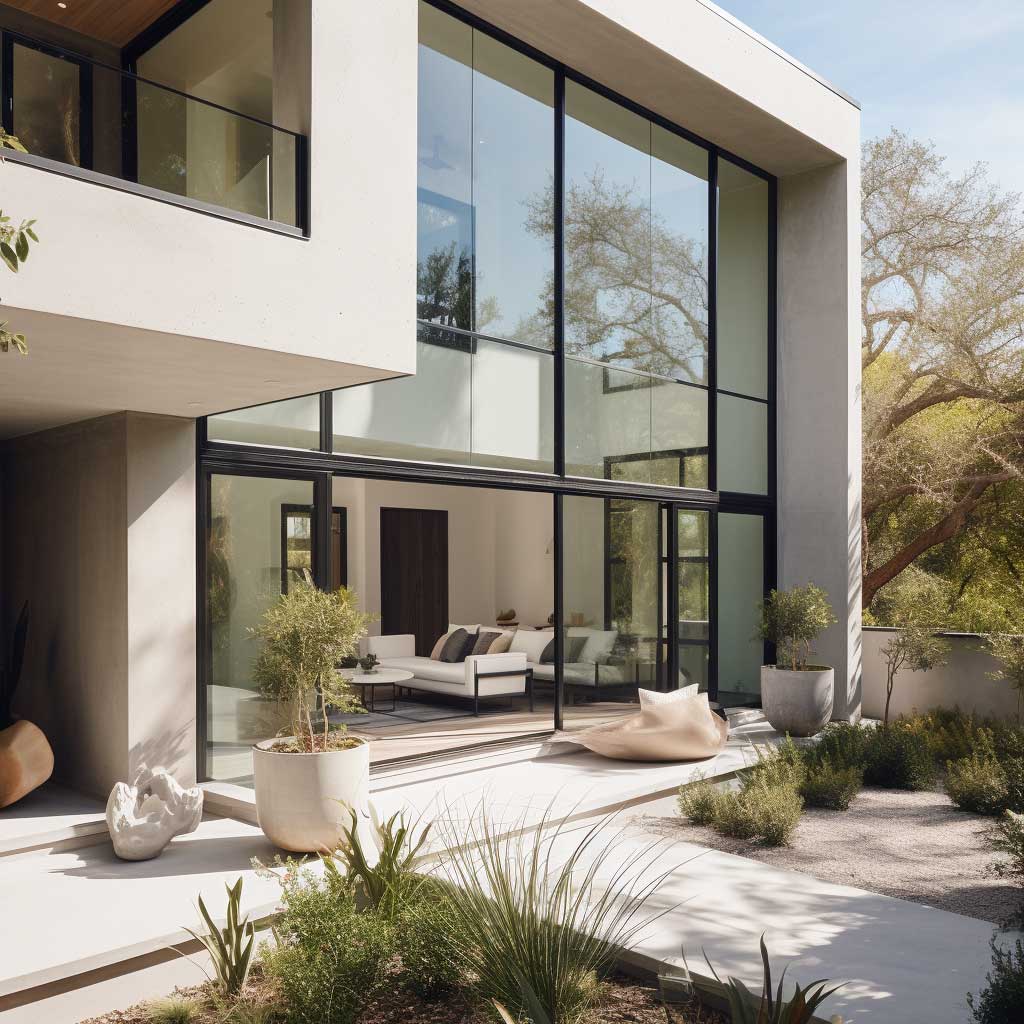 A modern home featuring a clean-lined stucco trim around large, floor-to-ceiling windows.
