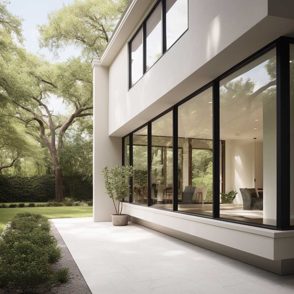 A modern home featuring a clean-lined stucco trim around large, floor-to-ceiling windows.