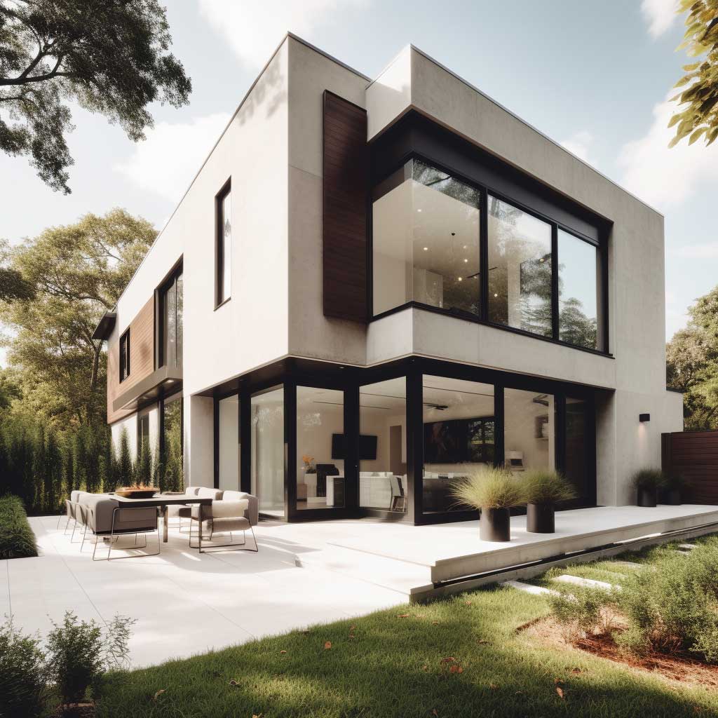 A modern home featuring a clean-lined stucco trim around large, floor-to-ceiling windows.