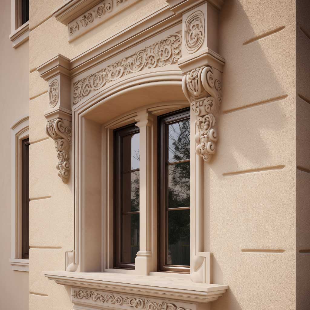A close-up view of an intricately designed stucco trim around a window on a beige exterior wall.