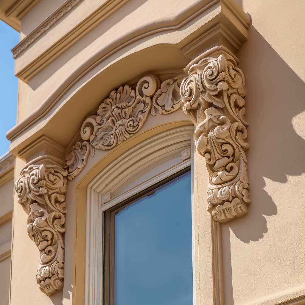A close-up view of an intricately designed stucco trim around a window on a beige exterior wall.