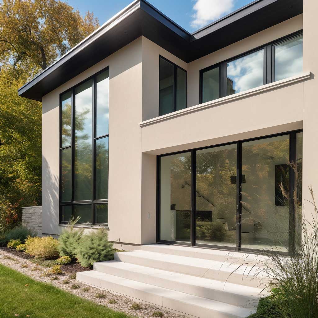 A modern home featuring a clean-lined stucco trim around large, floor-to-ceiling windows.