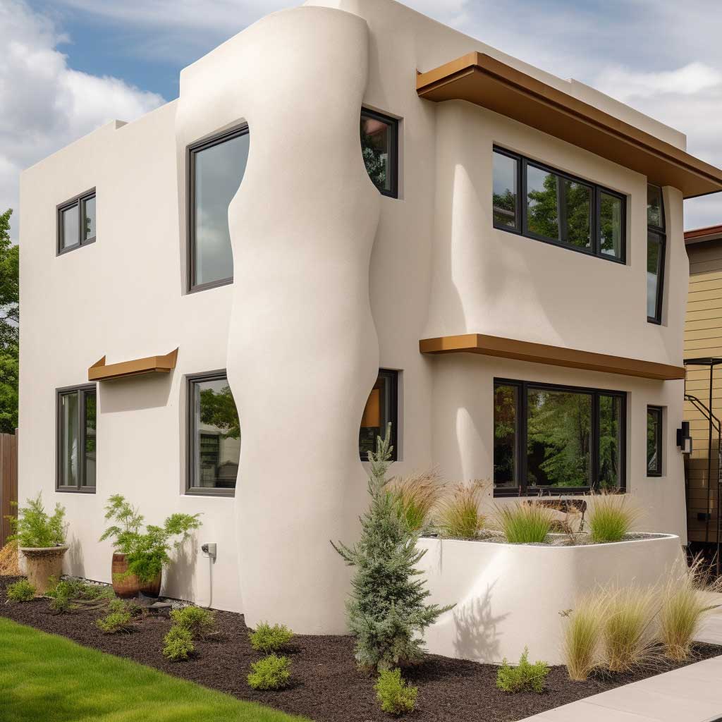 A sustainable, energy-efficient home adorned with stylish styrofoam stucco trim.