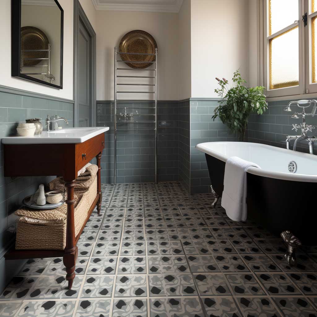 A classic bathroom enhanced with the intricate design of Victorian geometric floor tiles.