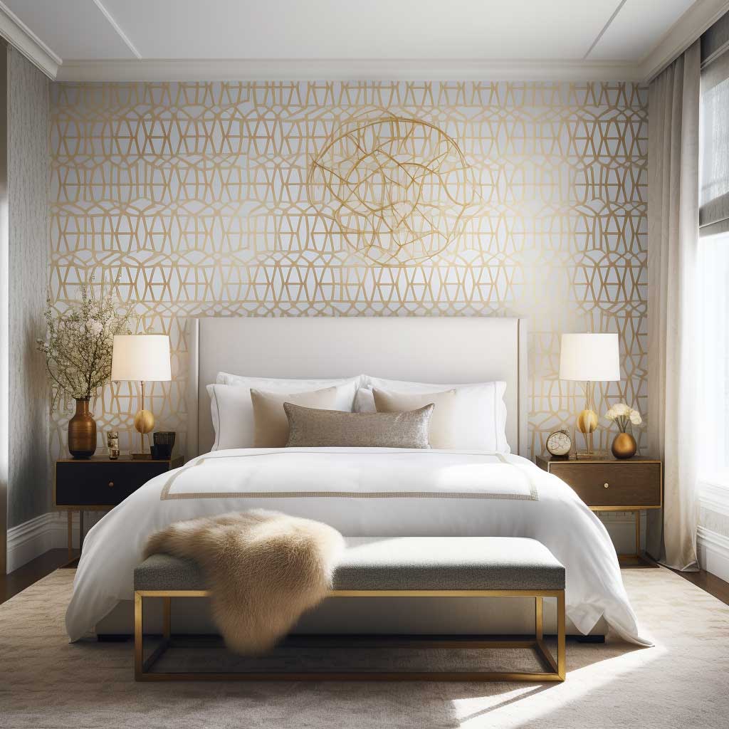 White and Gold Geometric Wallpaper Enriches Master Bedroom Elegance