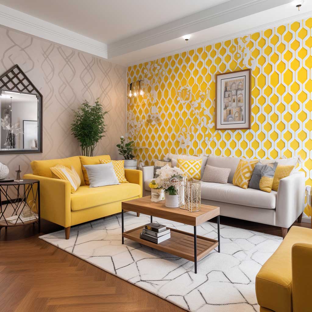 Chic living room interior accented with a feature wall covered in yellow geometric wallpaper, creating a bright and lively atmosphere.