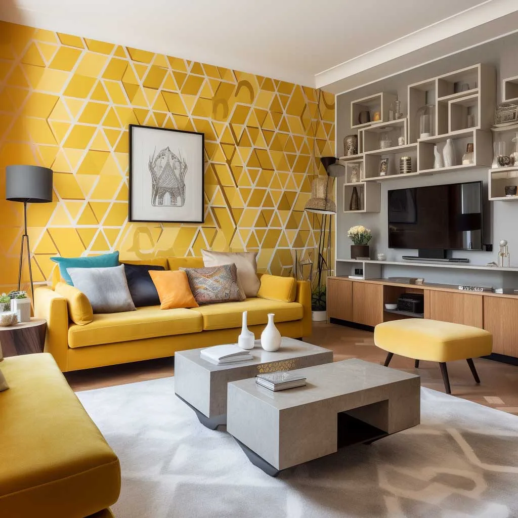 Yellow Geometric Wallpaper Brightening a Chic Living Room