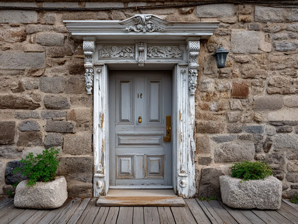 Rustic Charm of a Classical Front Door with Decorative Trim - 2