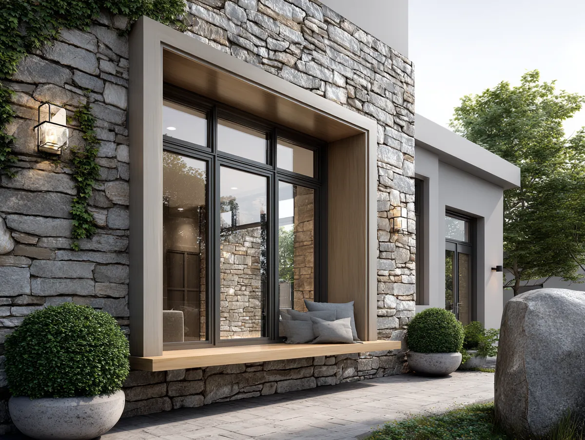 Sophisticated Simplicity with Stone Accented Outdoor Window Trim