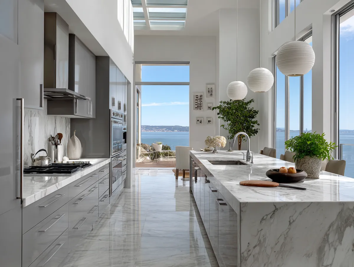 Modern gray and white kitchen with panoramic view