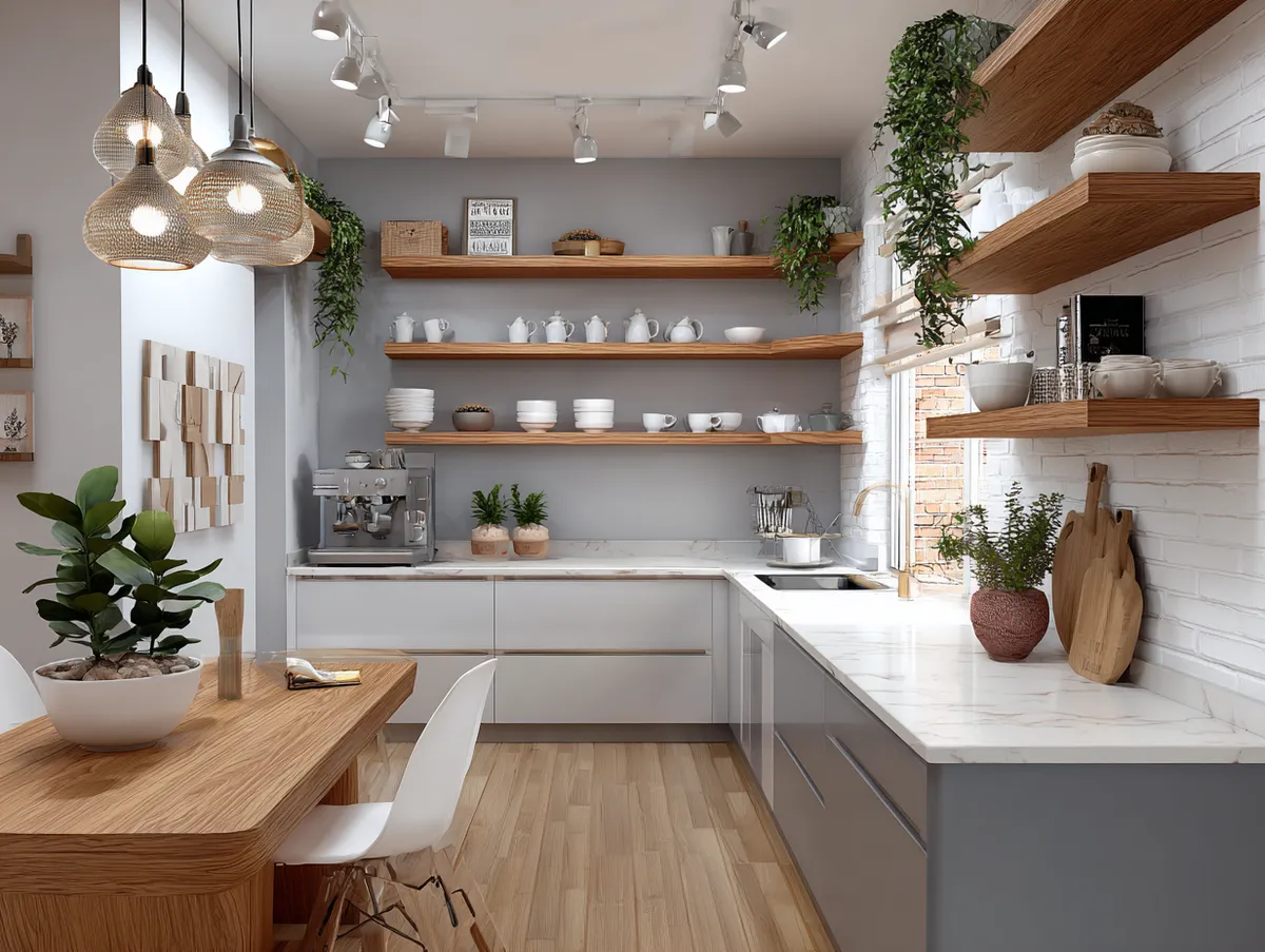 White and light gray kitchen with wood shelving