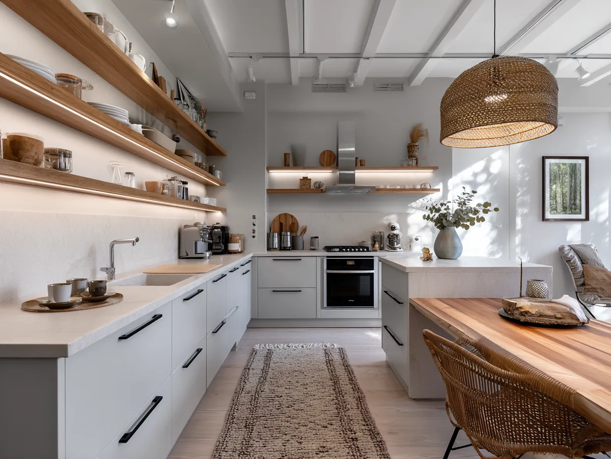 Warm gray and white kitchen with open wood shelves