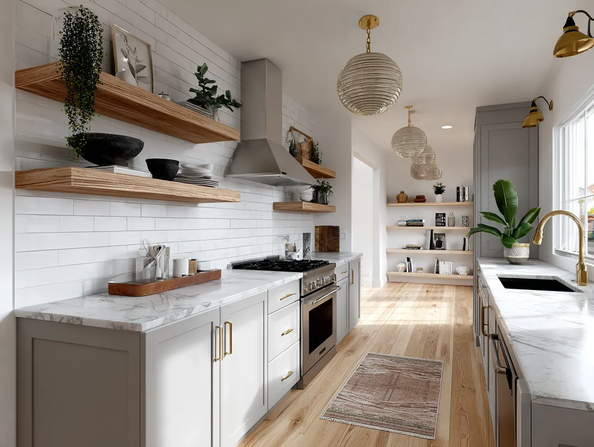 White and light gray kitchen design with wood accents