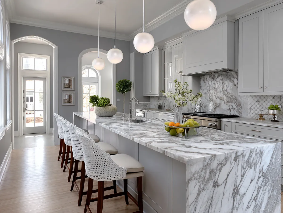 White and grey modern kitchen with pendant lights