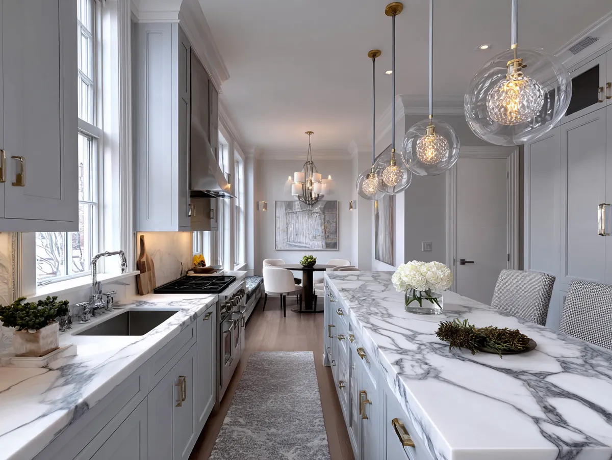 Gray and white modern kitchen marble backsplash