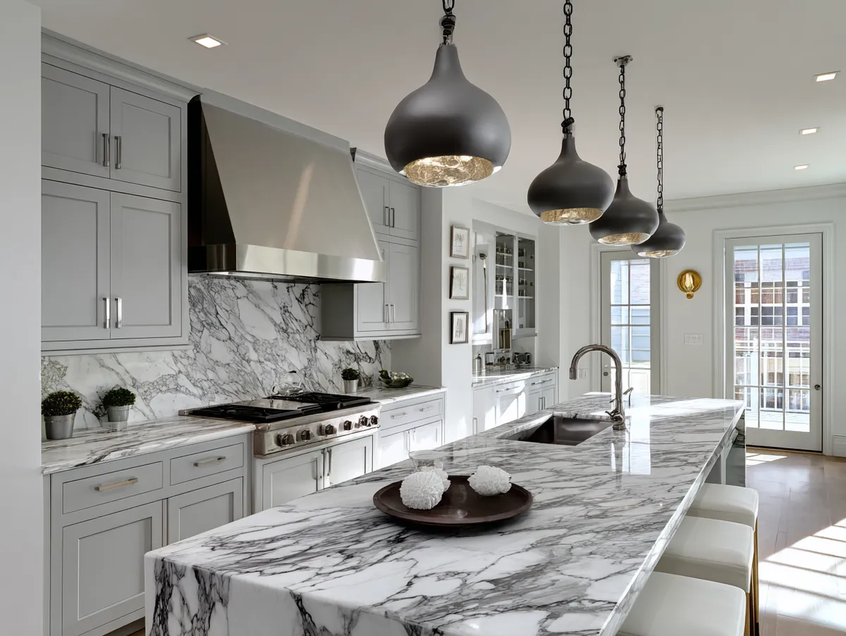 Grey and white kitchen designs with marble countertop
