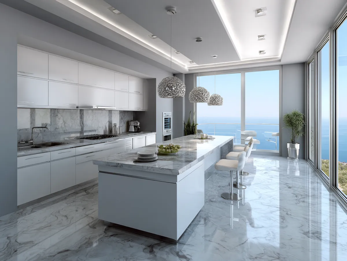 Luxury gray white kitchen with integrated appliances