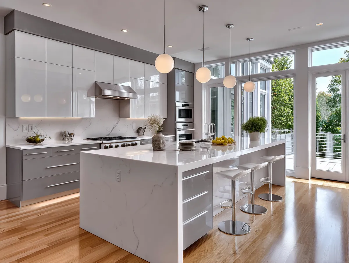 Modern white and grey gloss kitchen with island