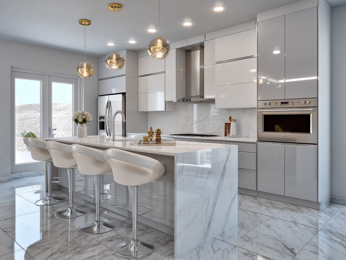 Gray and white modern kitchen with gloss cabinets