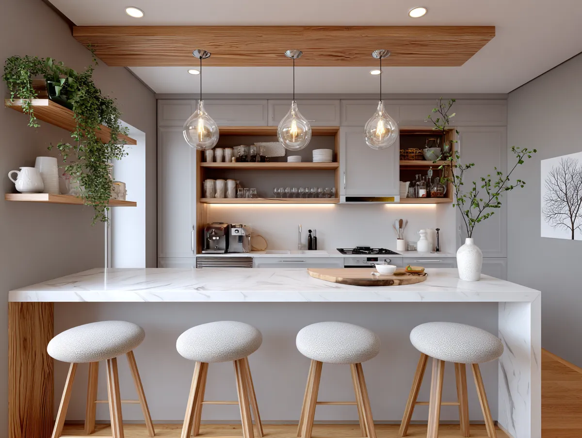 Grey and white kitchen ideas with warm wood tones
