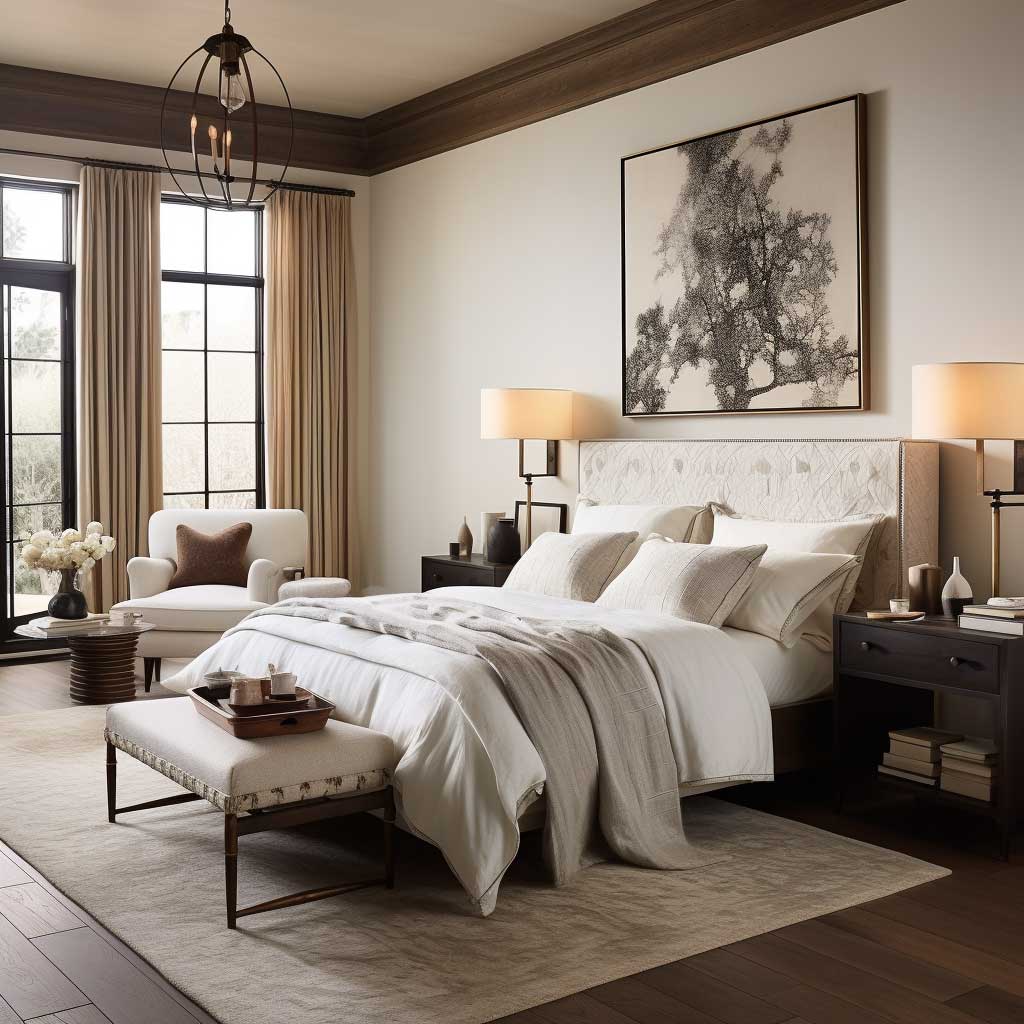 A classy, vintage-inspired bedroom showcasing a blend of warm neutrals, deep brown furniture and crisp white accents.