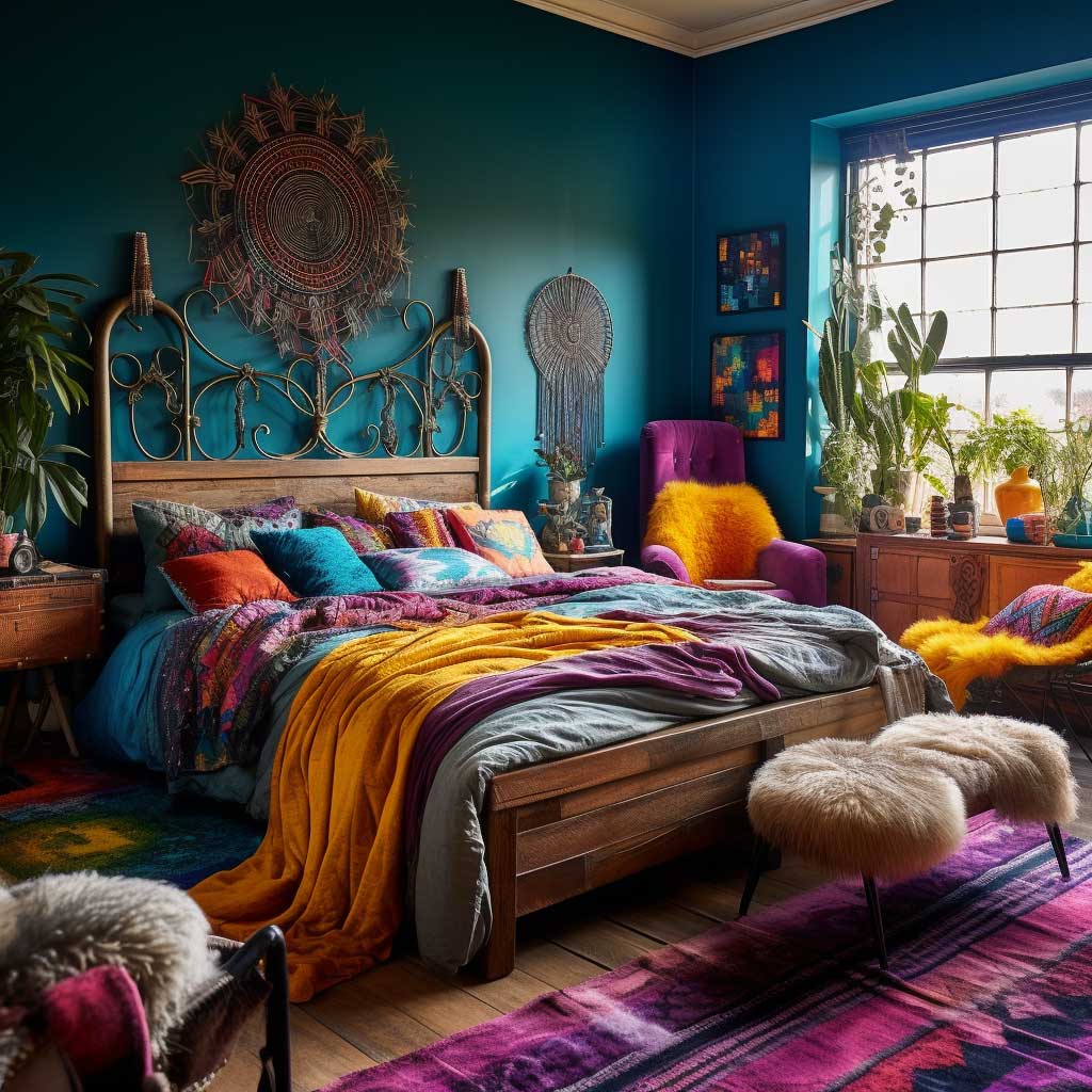 An eclectic, bohemian-style bedroom with a vibrant mix of jewel-toned colours and earthy neutrals.
