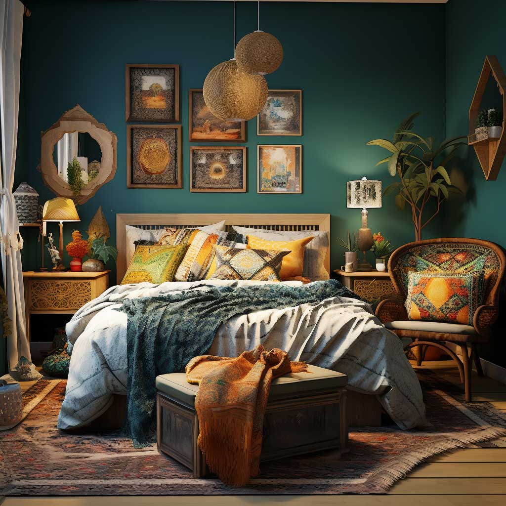 An eclectic, bohemian-style bedroom with a vibrant mix of jewel-toned colours and earthy neutrals.