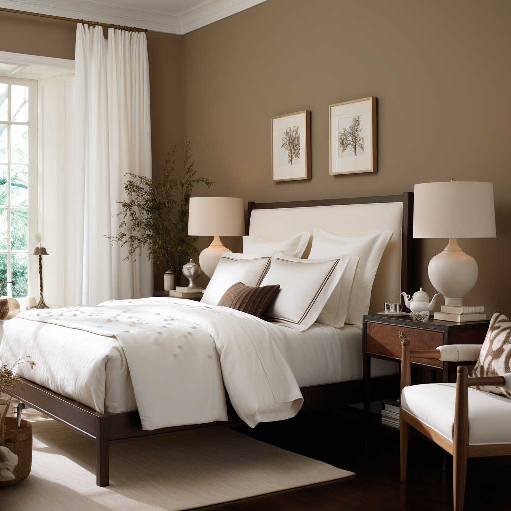 A classy, vintage-inspired bedroom showcasing a blend of warm neutrals, deep brown furniture and crisp white accents.