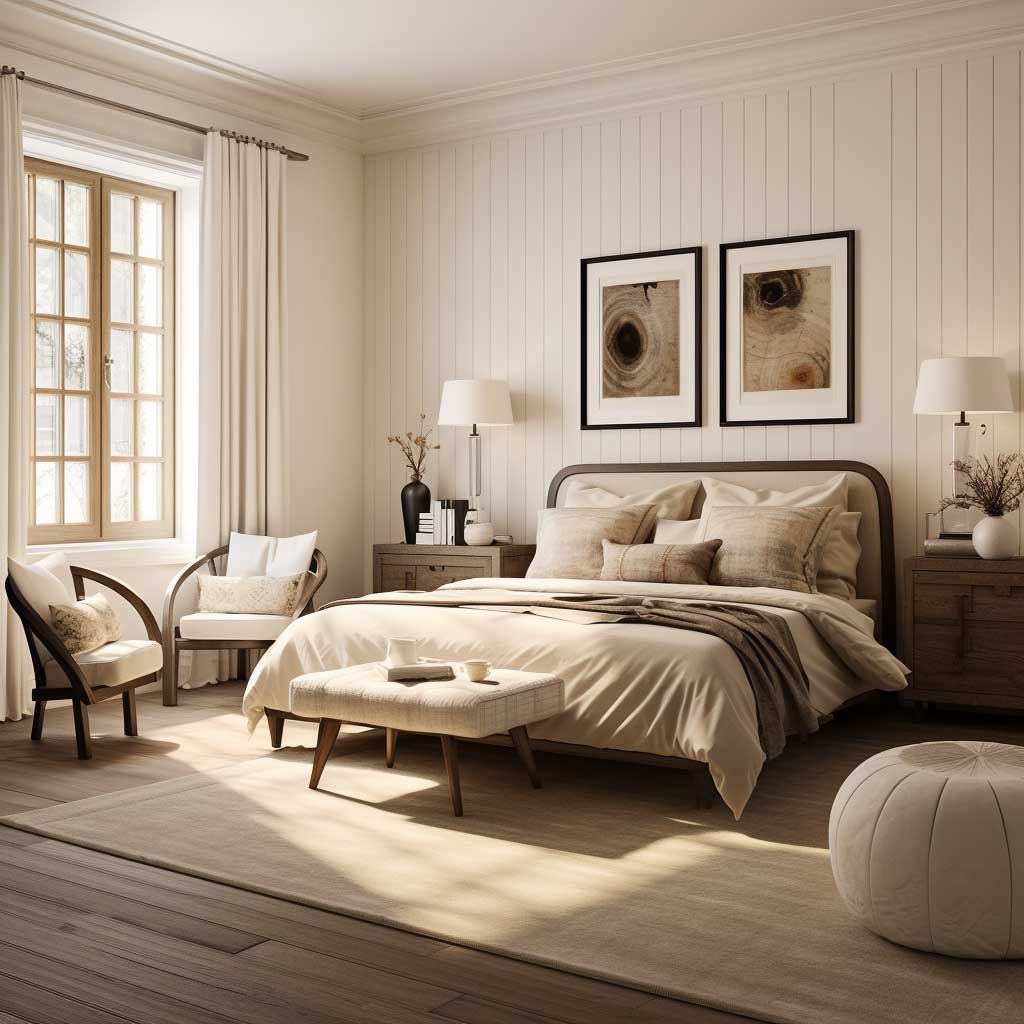 A classy, vintage-inspired bedroom showcasing a blend of warm neutrals, deep brown furniture and crisp white accents.