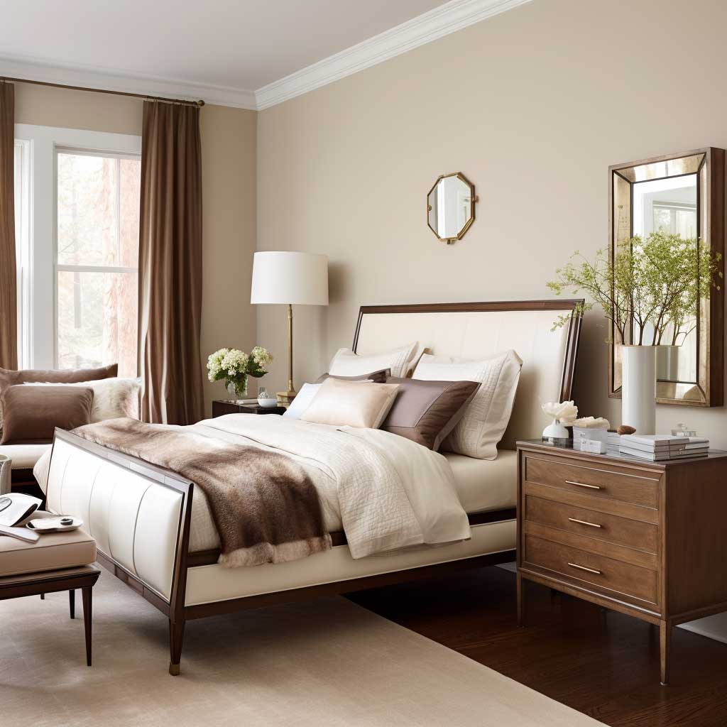 A classy, vintage-inspired bedroom showcasing a blend of warm neutrals, deep brown furniture and crisp white accents.