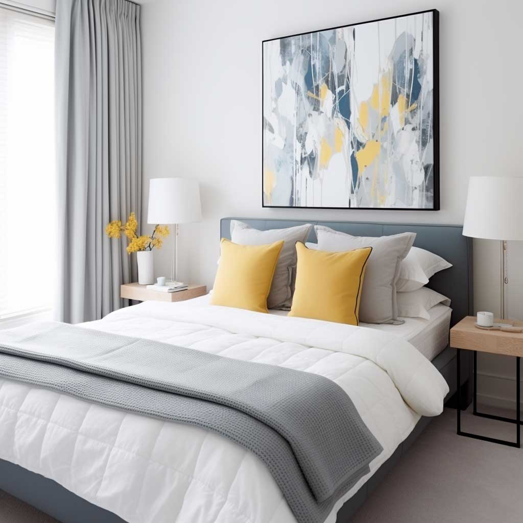 A serene, modern bedroom with a calming palette of blues and greys, punctuated by splashes of mustard yellow.