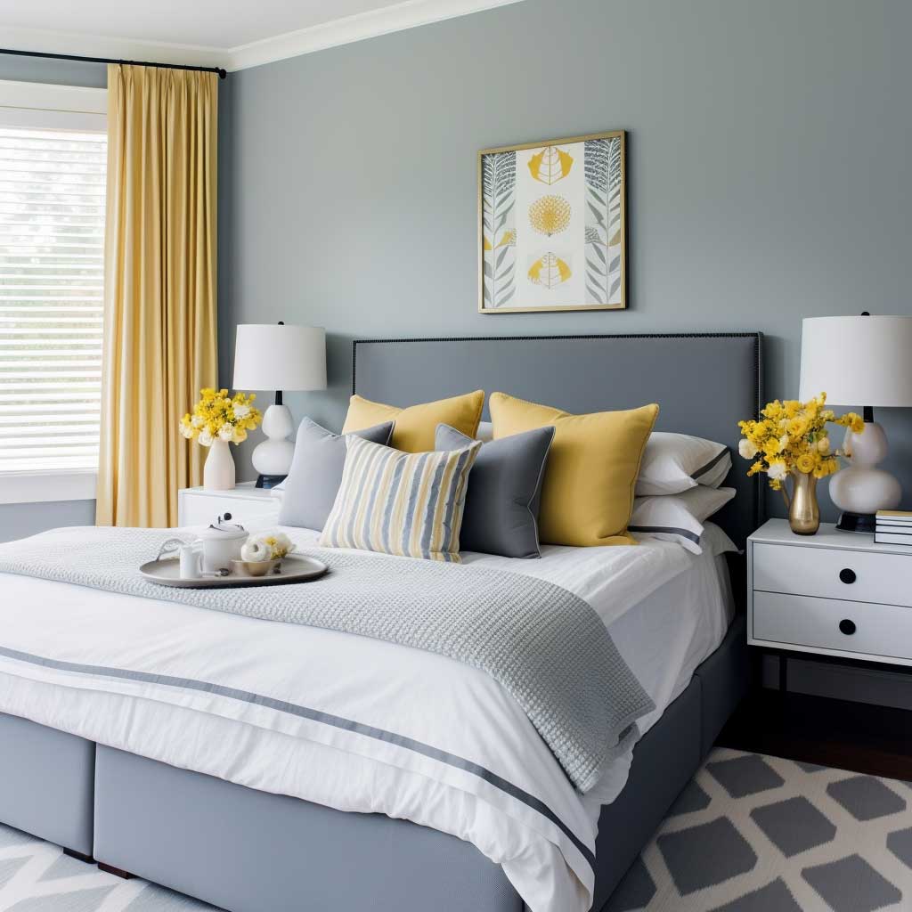 A serene, modern bedroom with a calming palette of blues and greys, punctuated by splashes of mustard yellow.