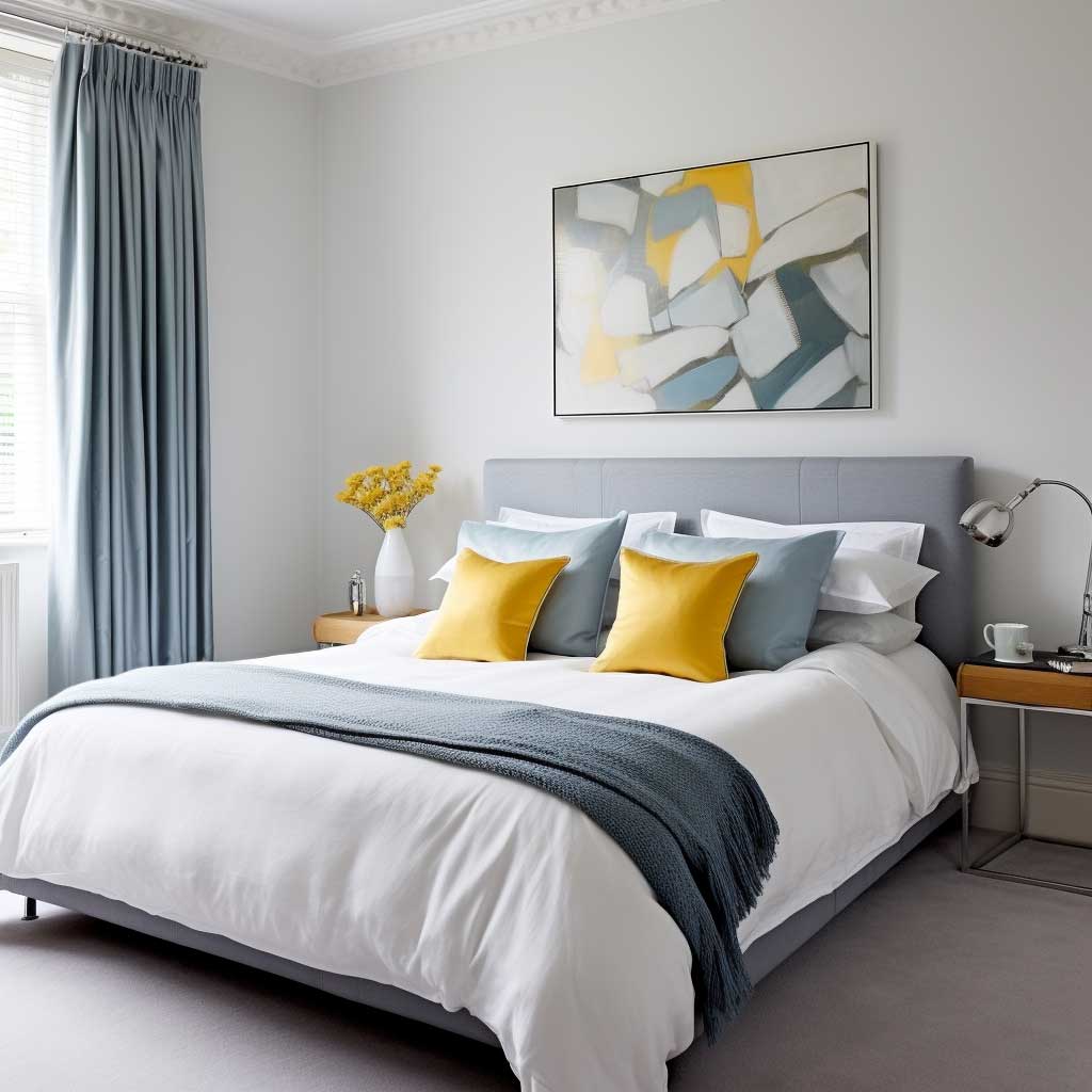 A serene, modern bedroom with a calming palette of blues and greys, punctuated by splashes of mustard yellow.