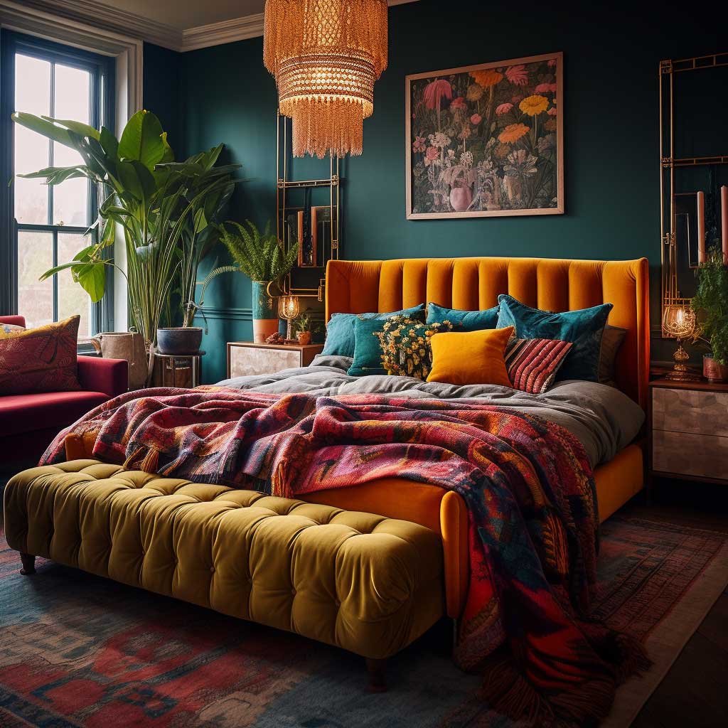 An eclectic, bohemian-style bedroom with a vibrant mix of jewel-toned colours and earthy neutrals.