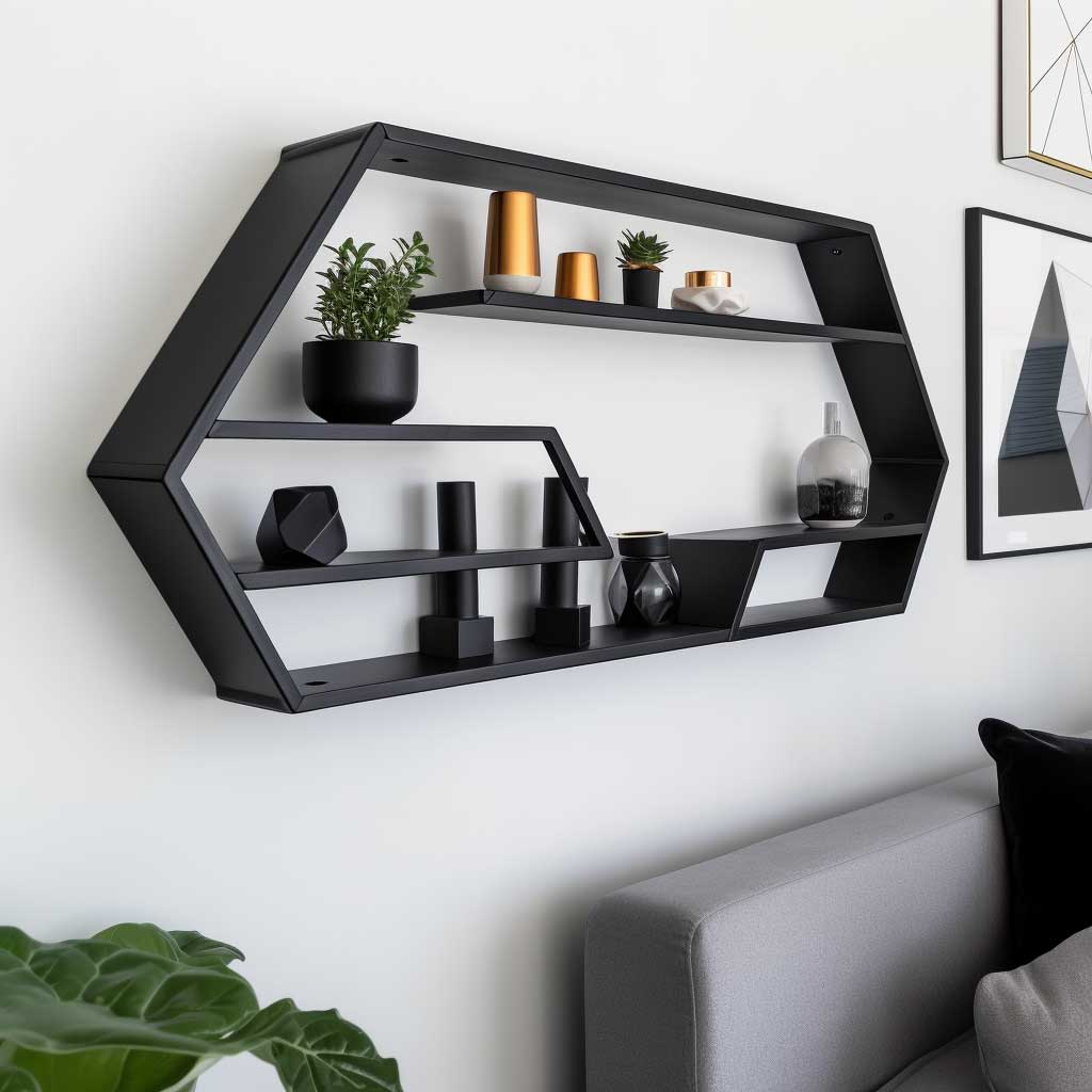 Black Geometric Wall Shelf In Modern Living Room