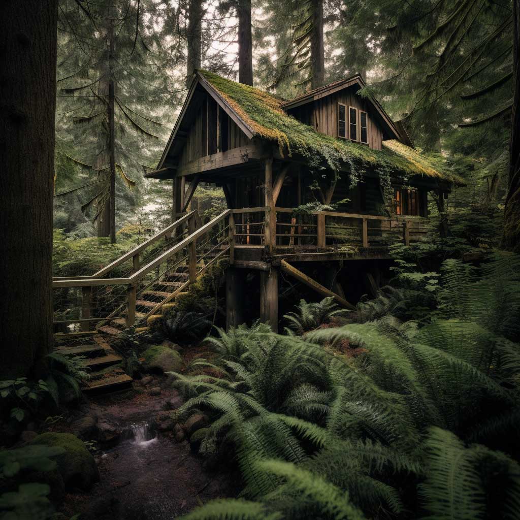 A unique picture of a cabin with a loft, built high among the forest canopy, surrounded by towering trees.