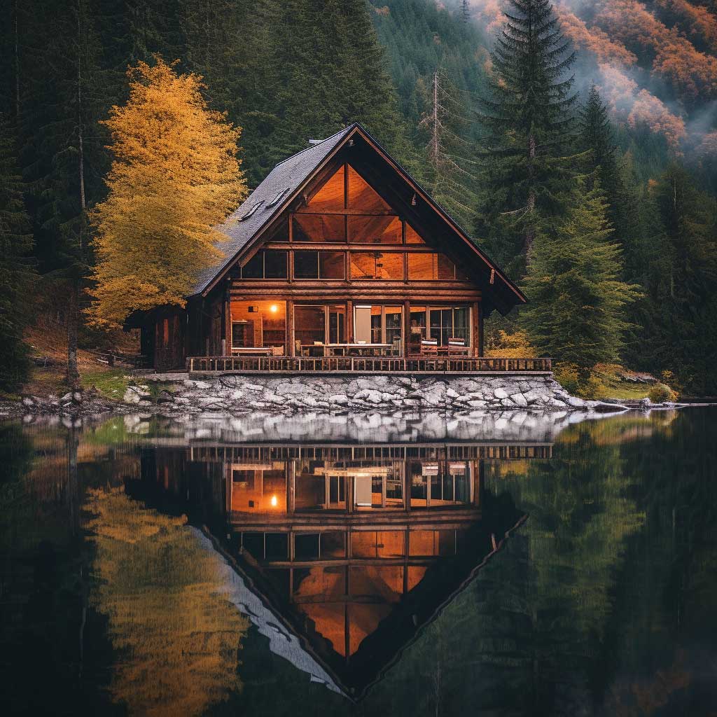 A photograph showcasing a luxurious lakeside cabin with a loft, its reflection perfectly mirrored in the calm lake waters.