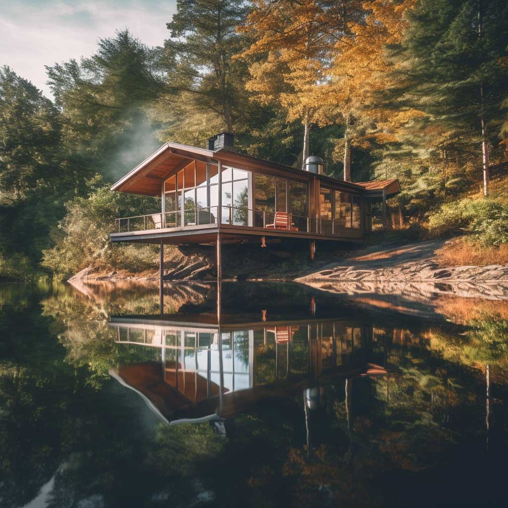 A photograph showcasing a luxurious lakeside cabin with a loft, its reflection perfectly mirrored in the calm lake waters.